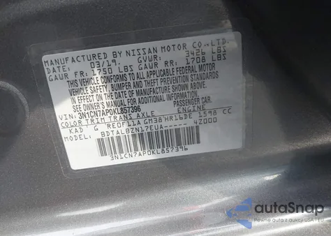 2019 Nissan Versa 1.6 Sv из США, поврежденный, VIN 3N1CN7AP0KL857396